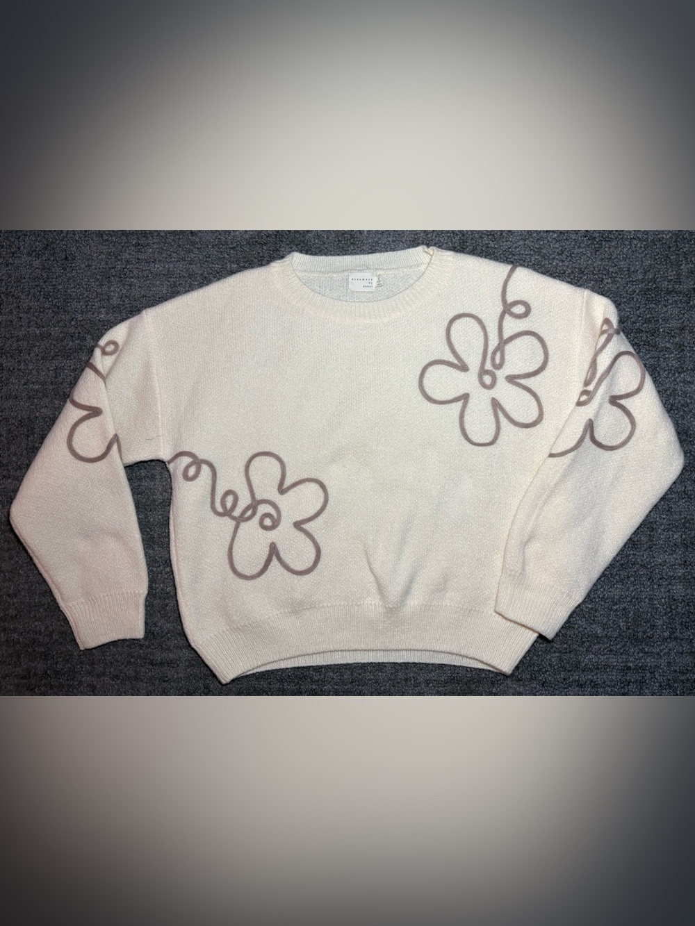 Cream Crewneck Sweater with Taupe Floral Outline